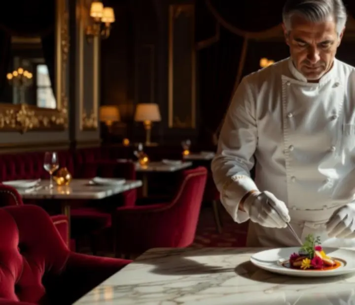 Glavni chef Star Issima restorana u raskošnom, zamračenom ambijentu dok završava potpisno jelo