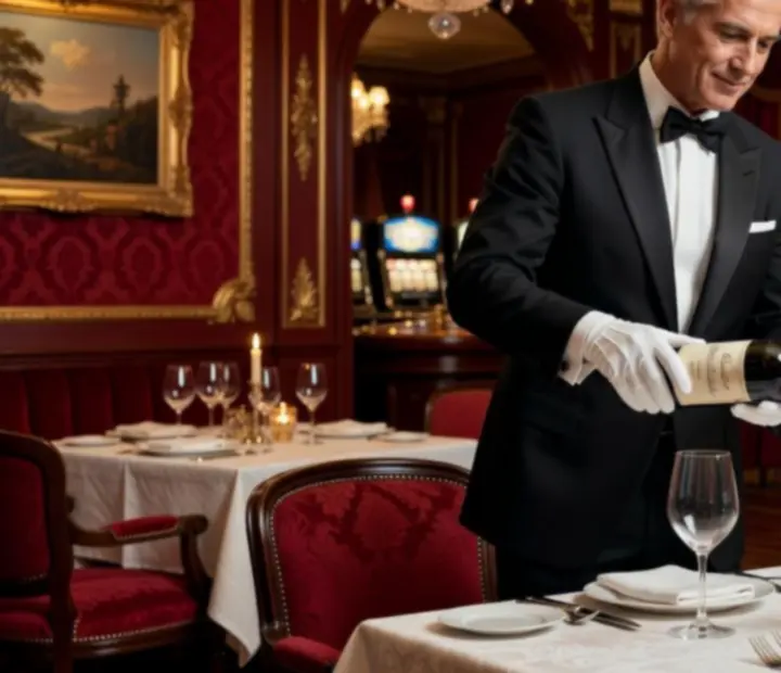 Sommelier u restoranu Star Issima pažljivo natoči vino u kristalnu čašu uz elegantan tanjur degustacijskog menija.